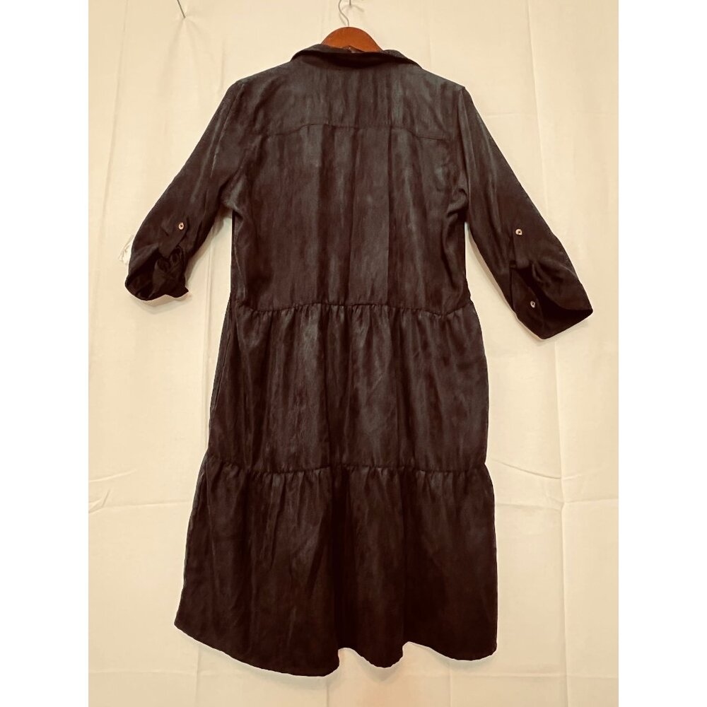 XL Black Midi Button-Up Dress Rolled Sleeves Pockets Millennium Casual Boho - Picture 16 of 16